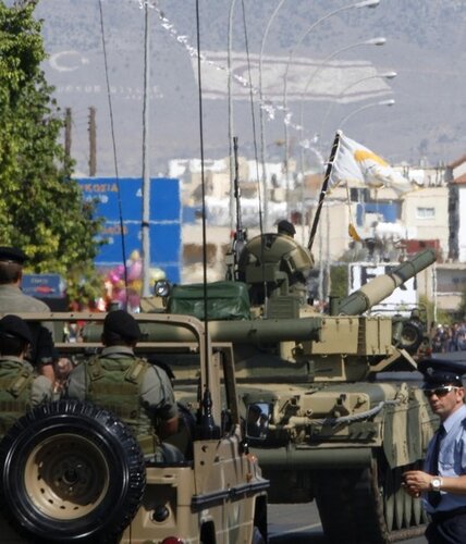 Cyprus battle tanks are seen during a parade for independence day celebrations in Nicosia